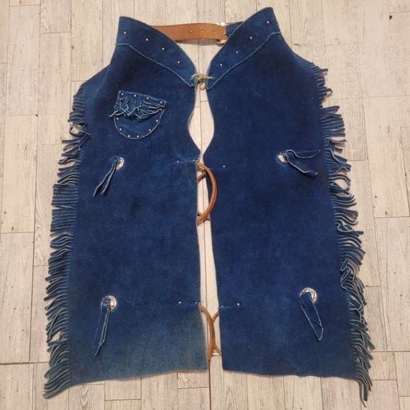 Source Unknown Other - Kids Vintage 90's Western Blue Leather Fringe Concho Rodeo Cowboy Chaps Size 4T